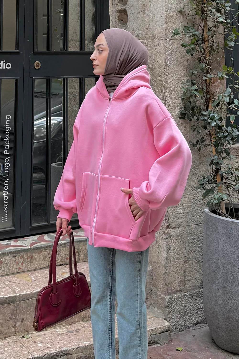 Kapüşonlu Oversize Yan Cepli Sweat Şeker Pembesi