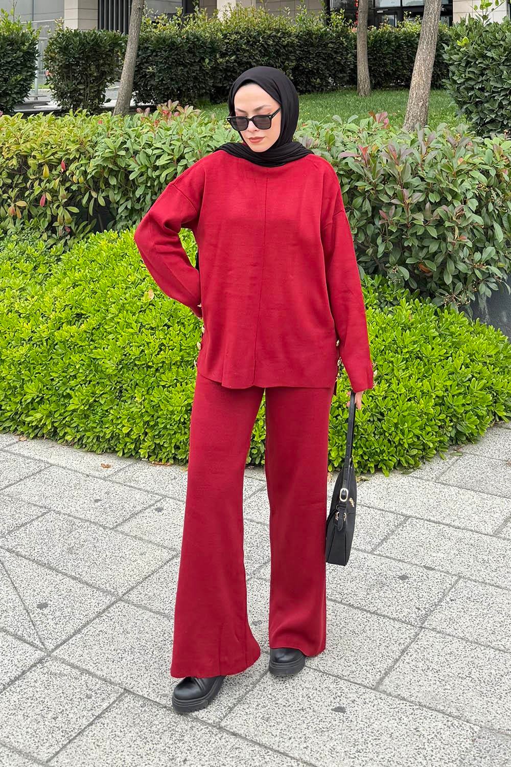 Düğme Detaylı Triko Takım Bordo