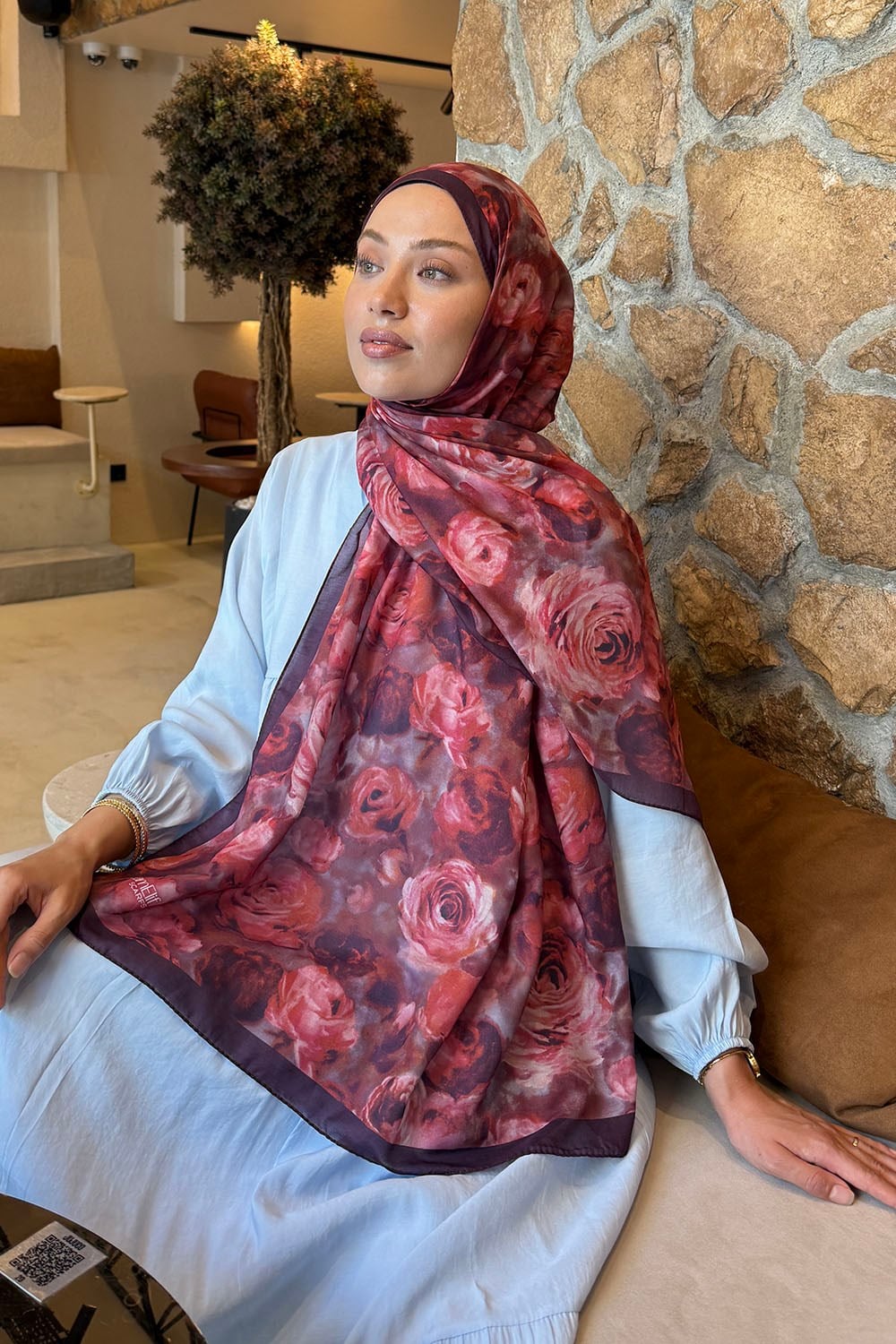 Botanik Çiçek Desen Lara Soft Şal Koyu Bordo