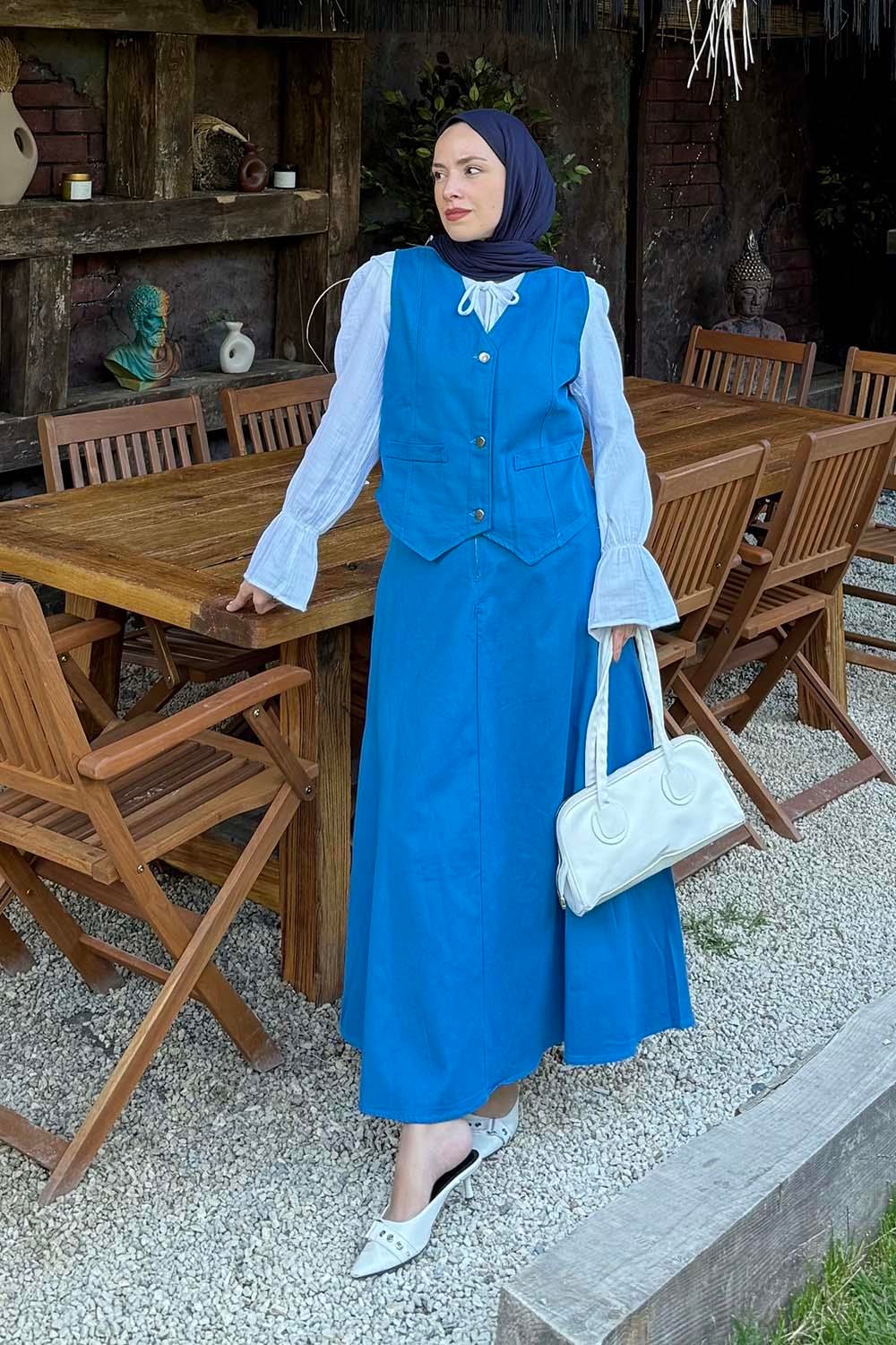 Gabardin Yelek-Etek İkili Tesettür Takım Mavi