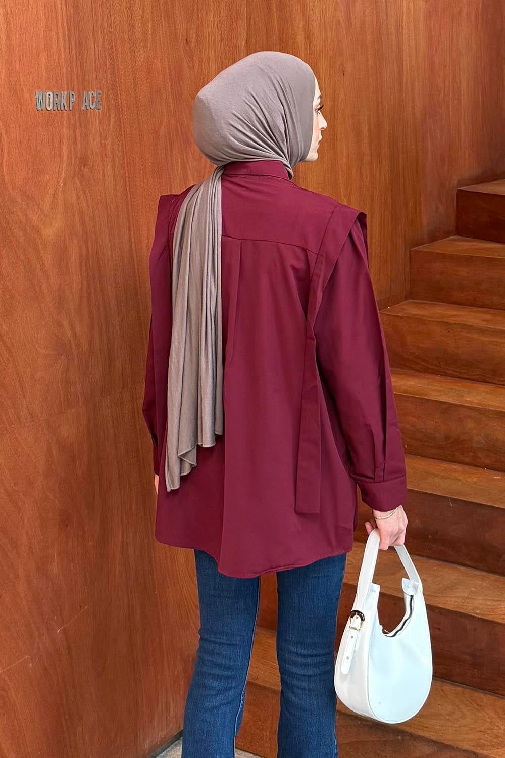 Omuz Vatka Detaylı Tesettür Gömlek Bordo