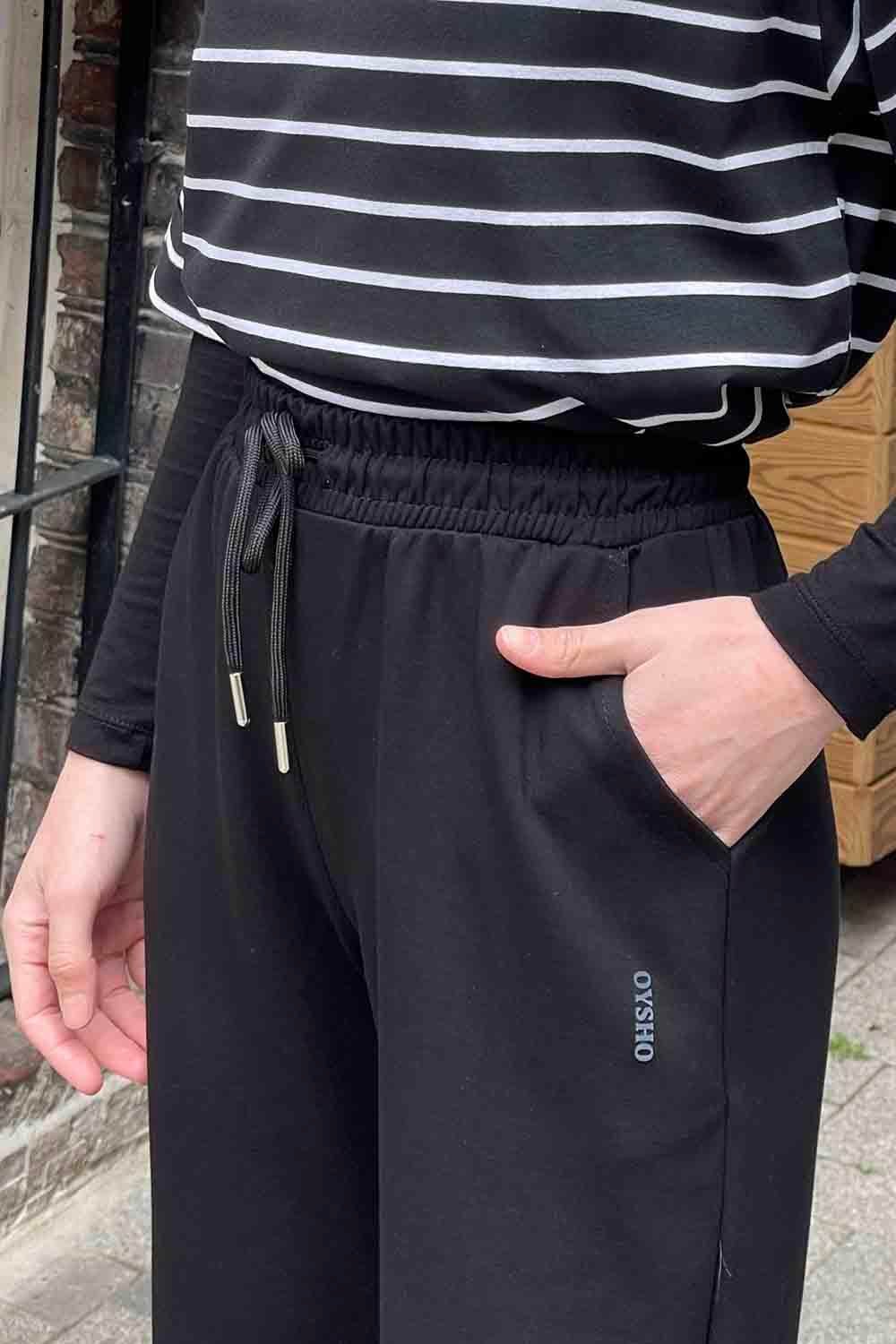 Modal Kumaş Paça Lastik Detay Eşofman Siyah