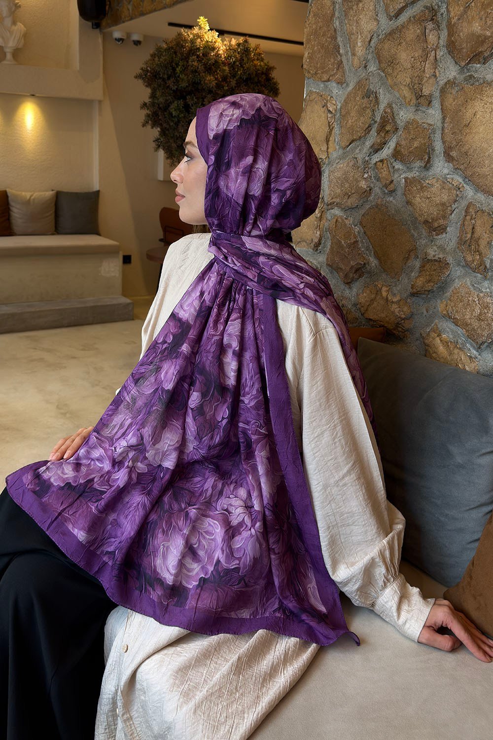 Vintage Flower Desen Bambu Şal Mor