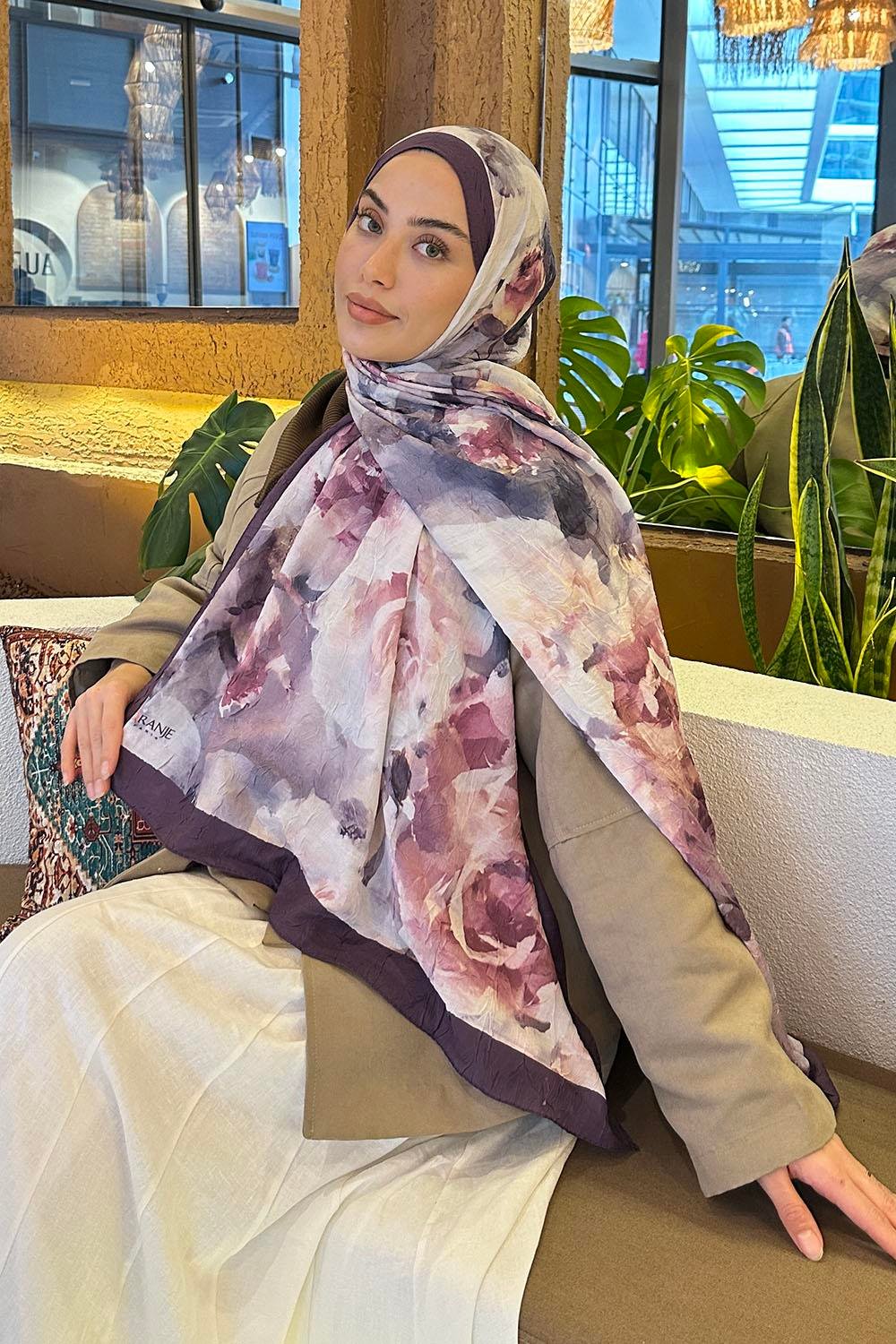 Gül Desen Bambu Şal Eflatun