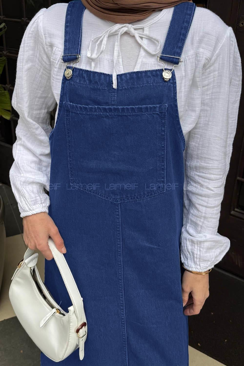 Ön Cep Detaylı Denim Salopet Elbise Kar Yıkama