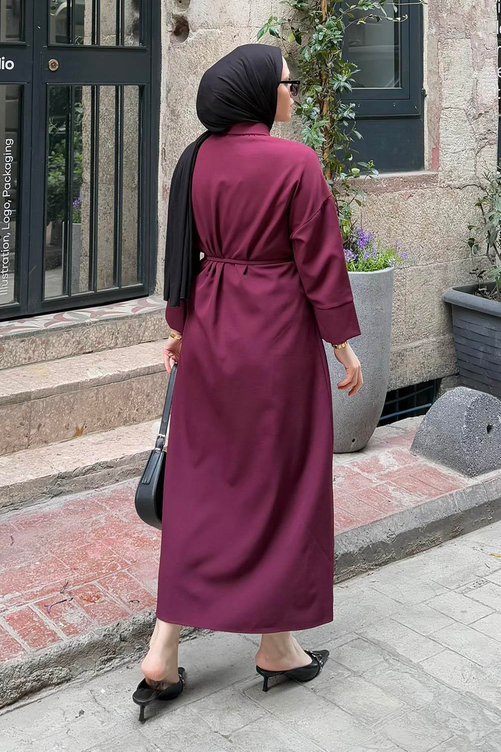 Takma Manşet Detaylı Dabıl Tesettür Elbise Mürdüm