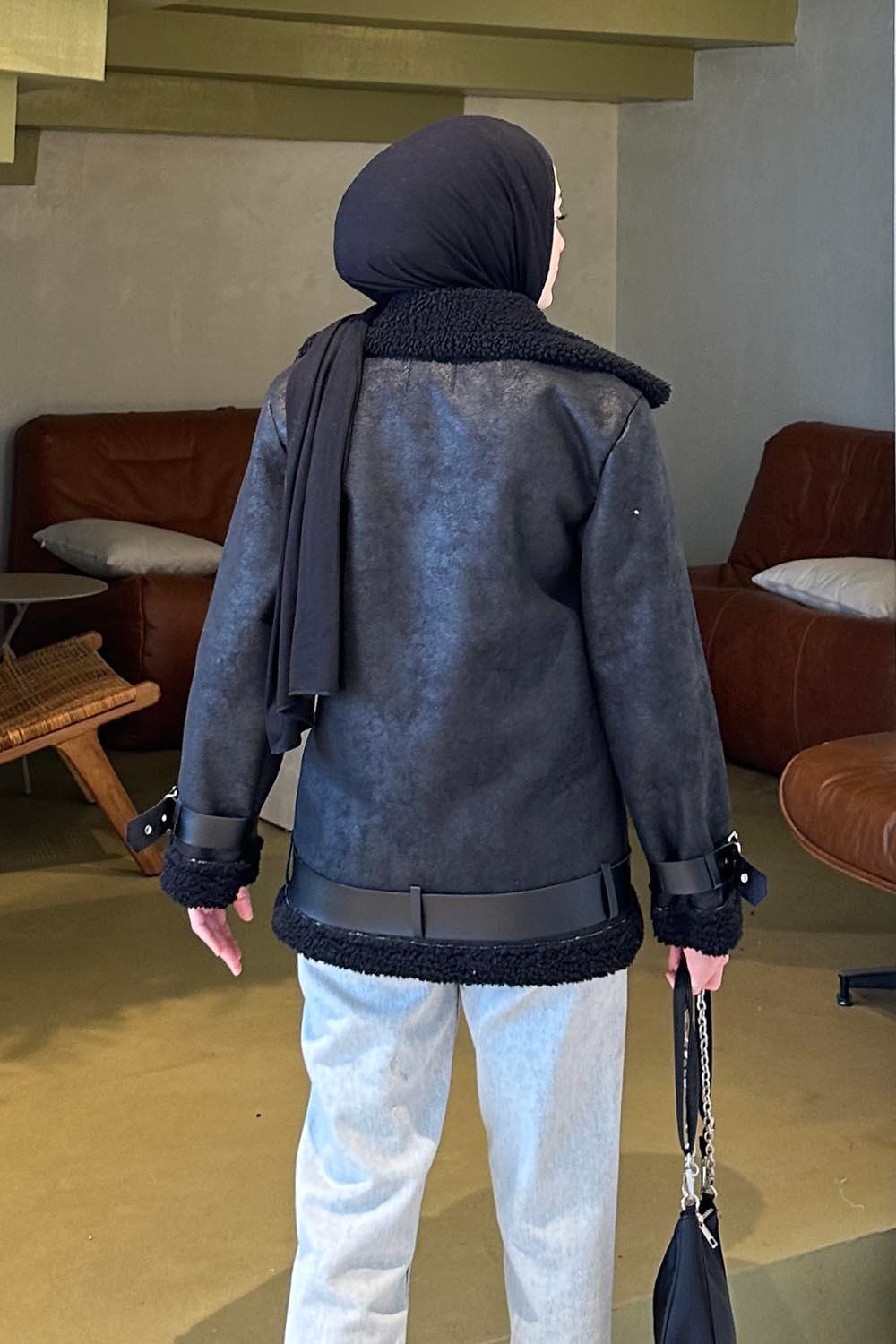 İçi Kürklü Biker Süet Mont Siyah