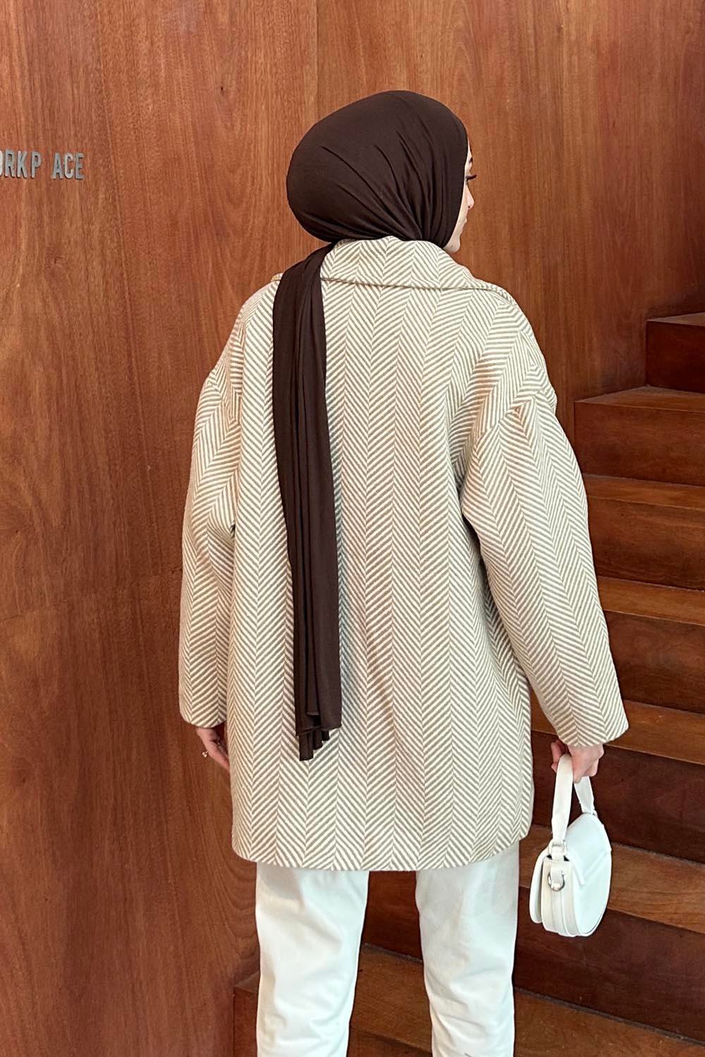 Zikzak Desen Balık Sırtı Kaban Camel