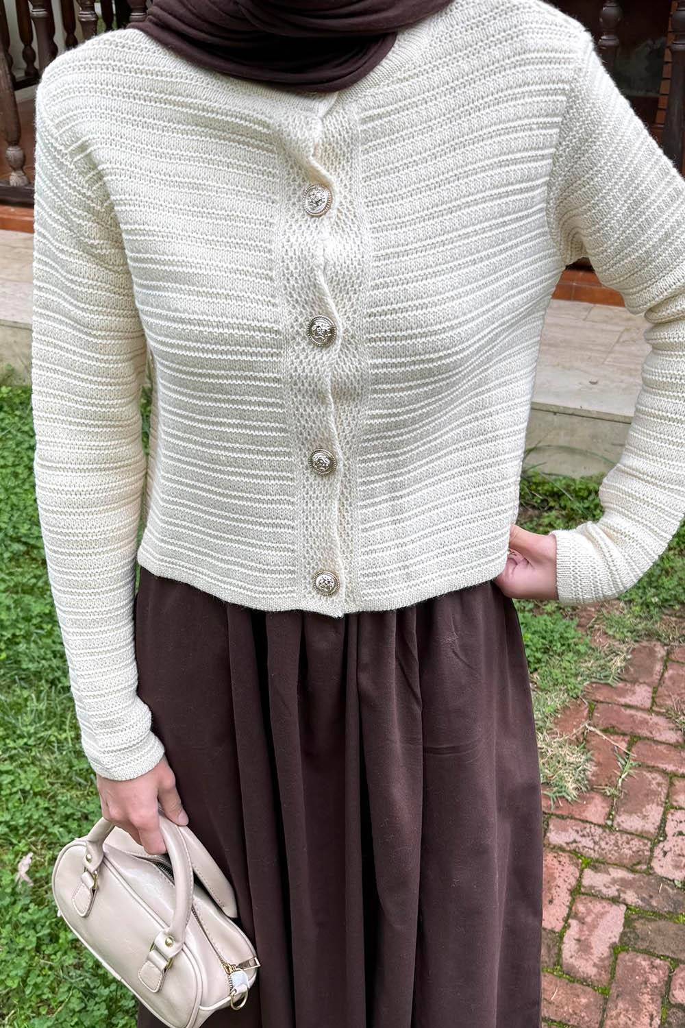 Links Desenli Crop Hırka Natural