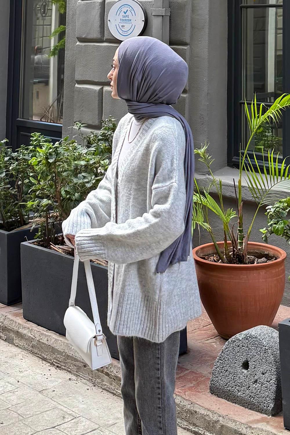 Salaş Dokulu Basic Hırka Gri