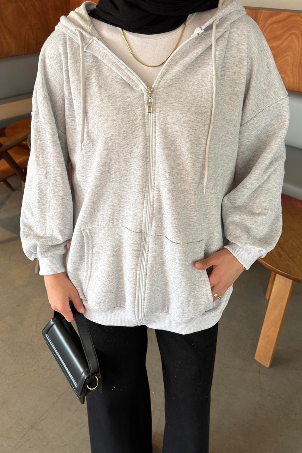 Kapüşonlu Fermuarlı Sweatshirt Hırka Gri
