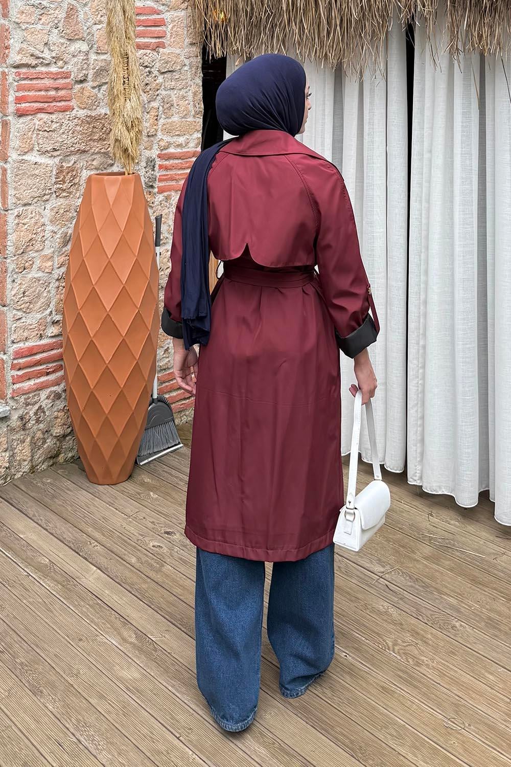 Kolu Katlamalı Trenç Bordo