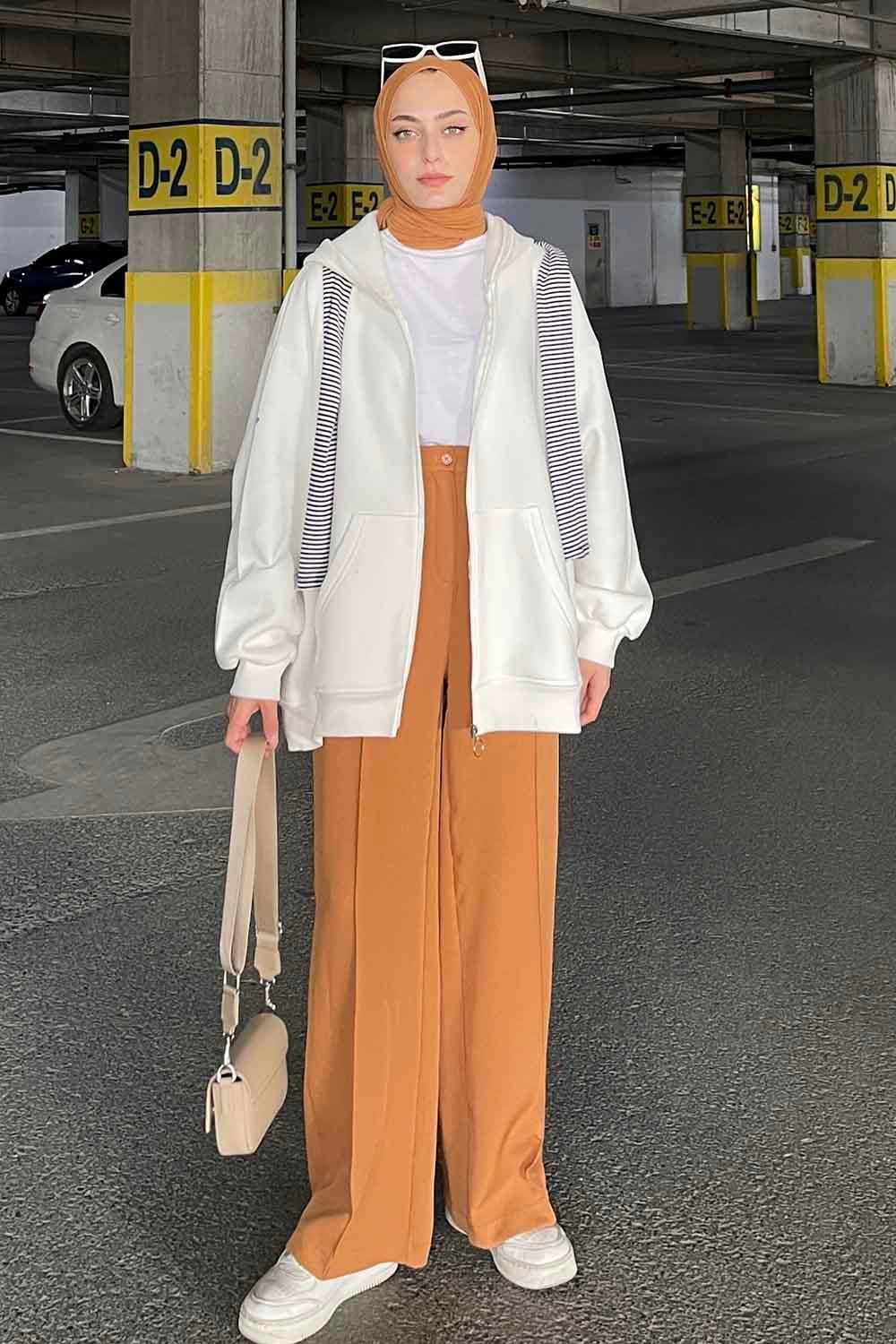 Kapüşonlu Oversize Yan Cepli Sweat Beyaz