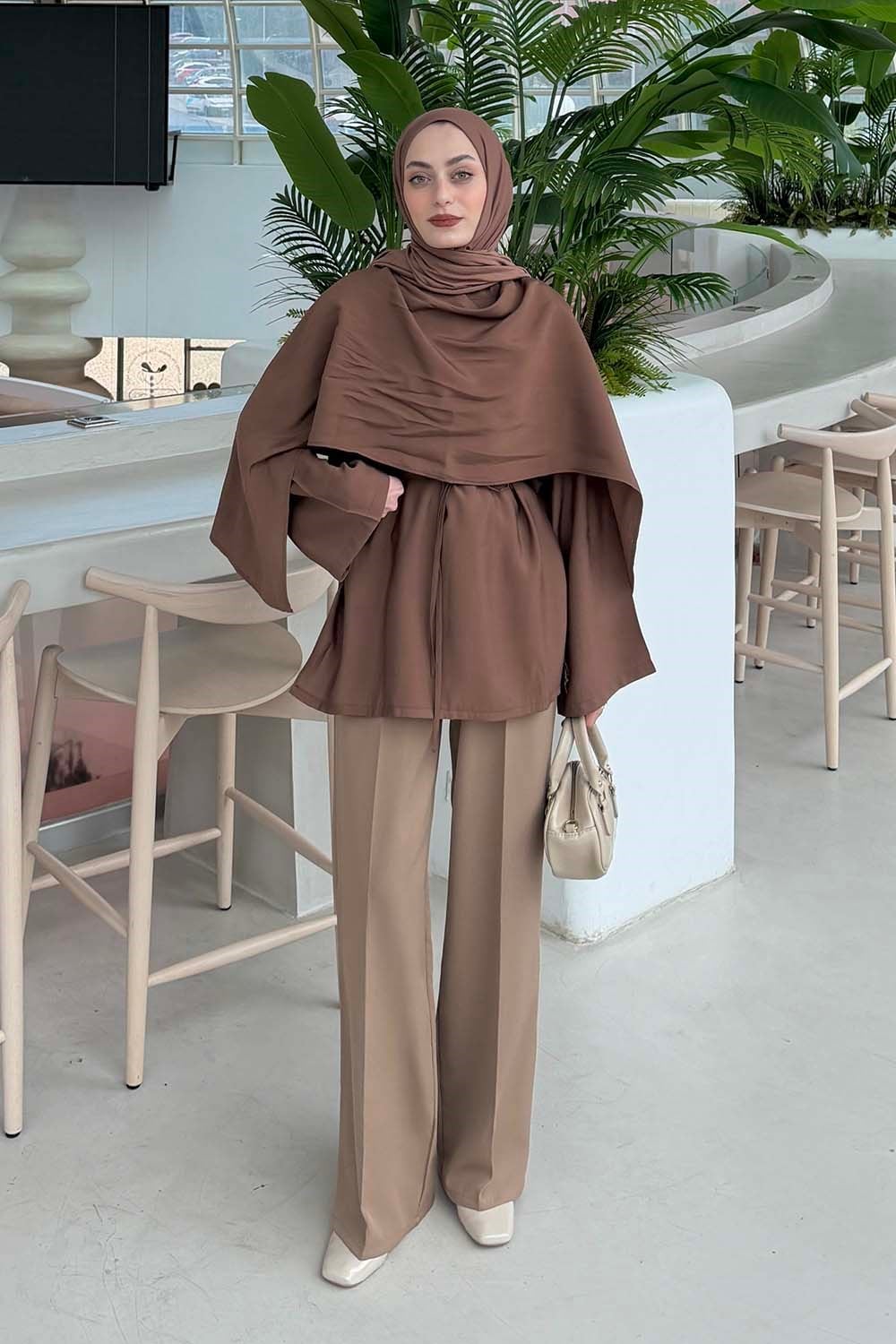 Şallı Bağlama Detaylı Tunik Soft Kahve