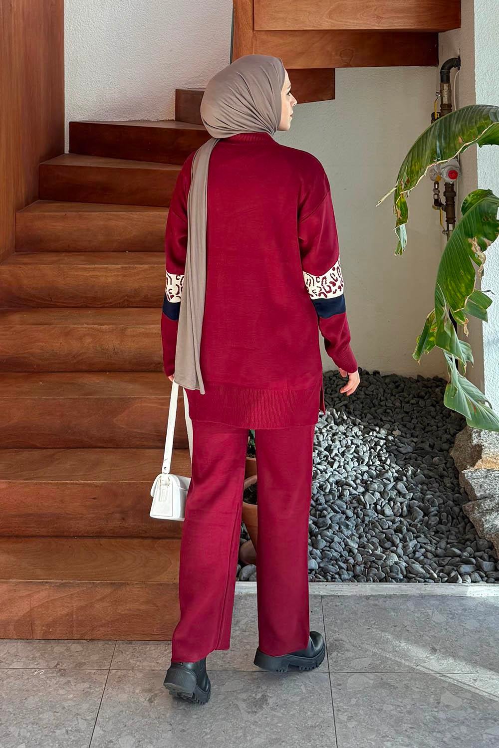 Desenli Triko Takım Bordo