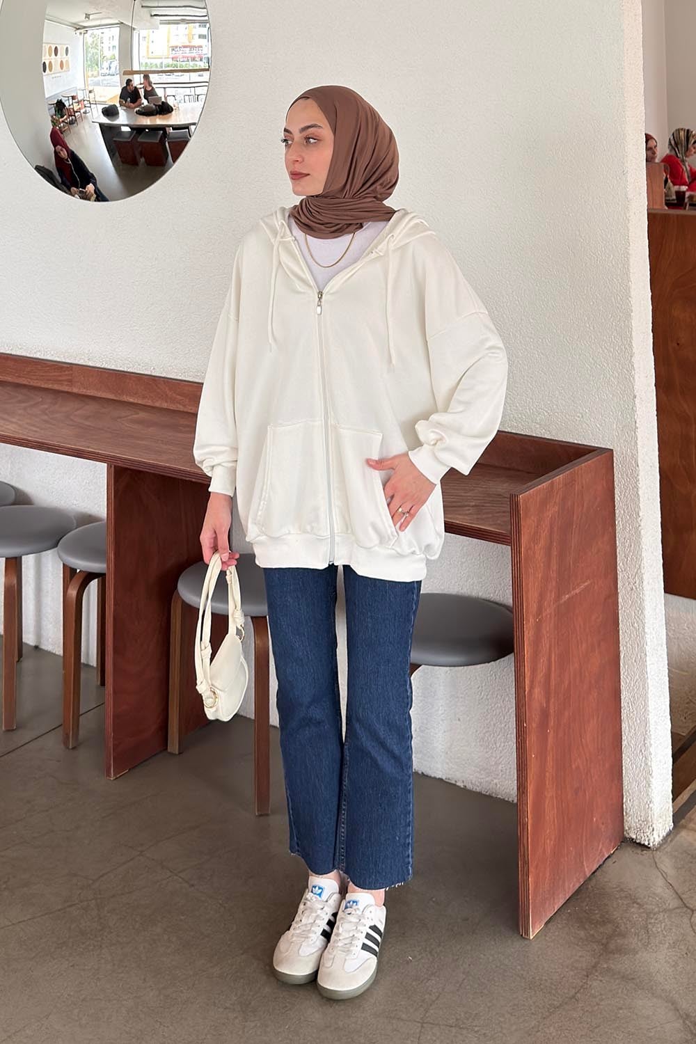 Kapüşonlu Fermuarlı Sweatshirt Hırka Beyaz