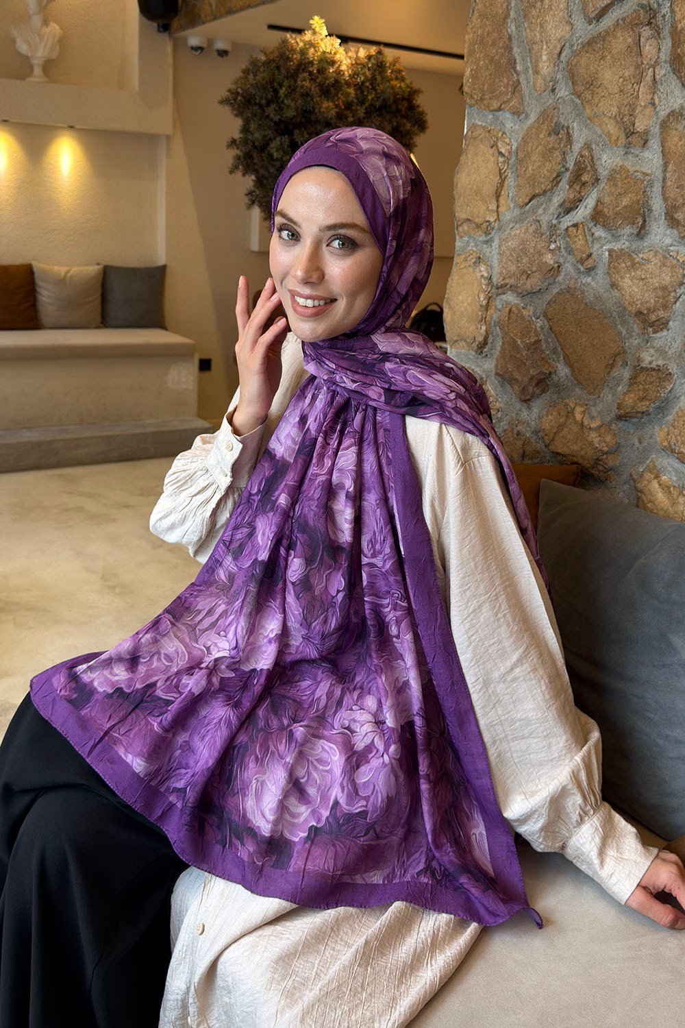 Vintage Flower Desen Bambu Şal Mor