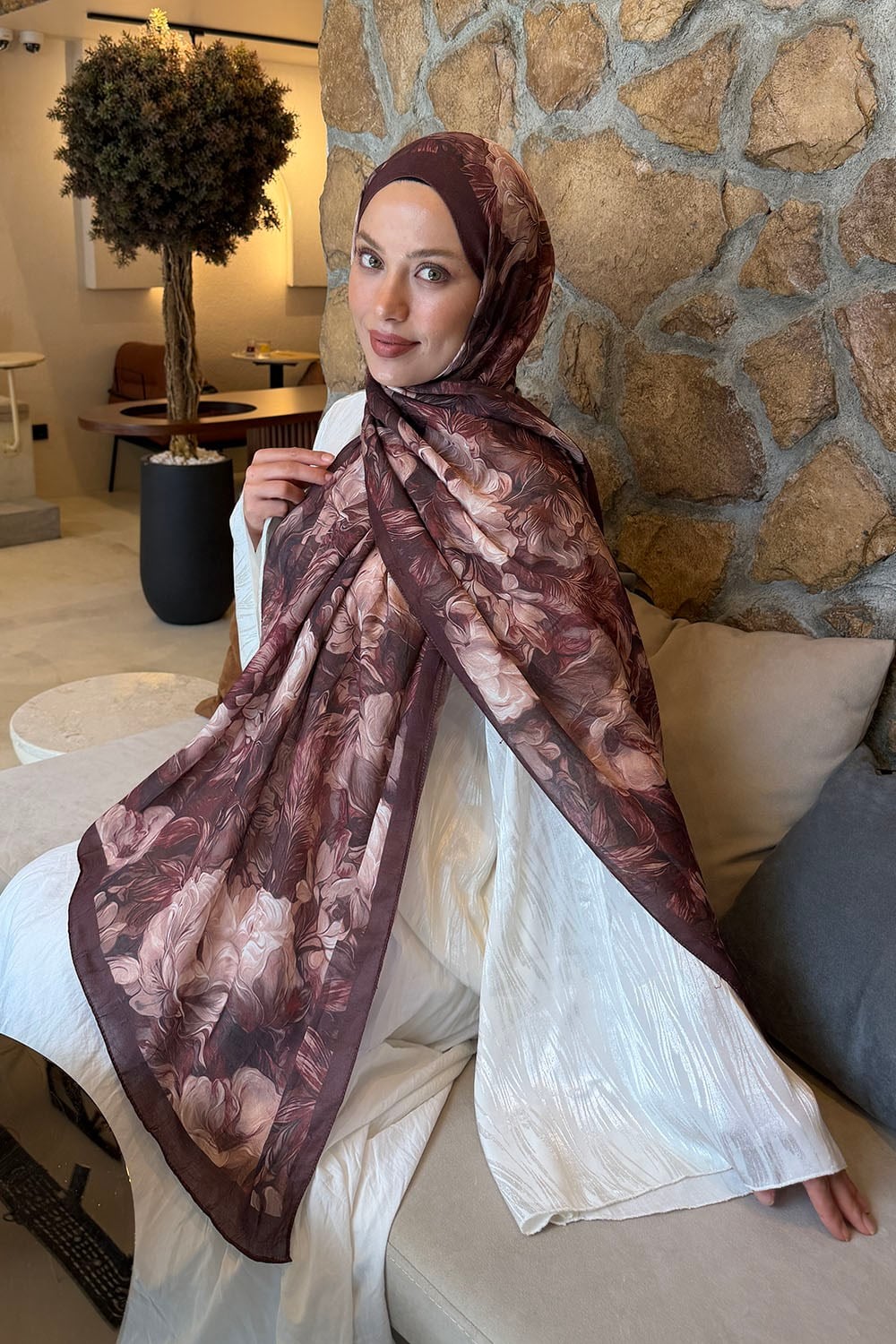 Vintage Flower Desen Bambu Şal Kahverengi