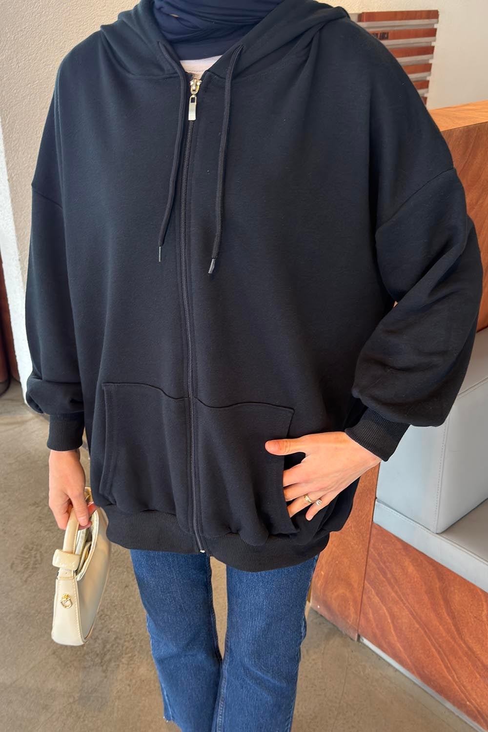 Kapüşonlu Fermuarlı Sweatshirt Hırka Lacivert