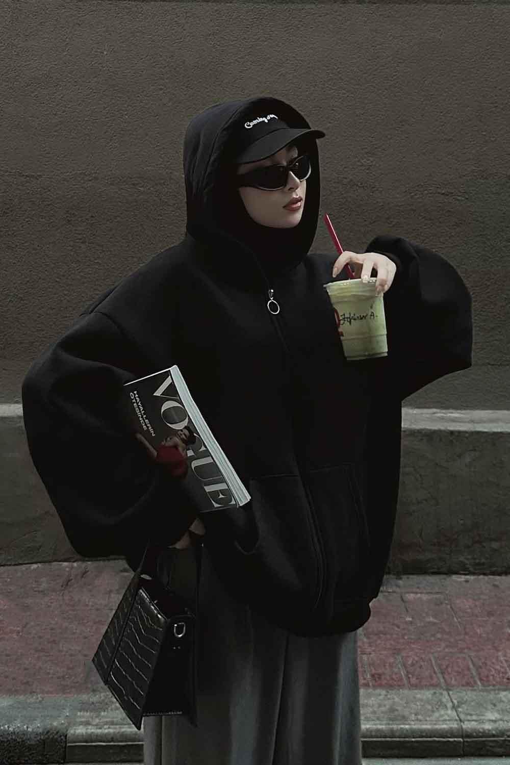 Kapüşonlu Oversize Yan Cepli Sweat Siyah