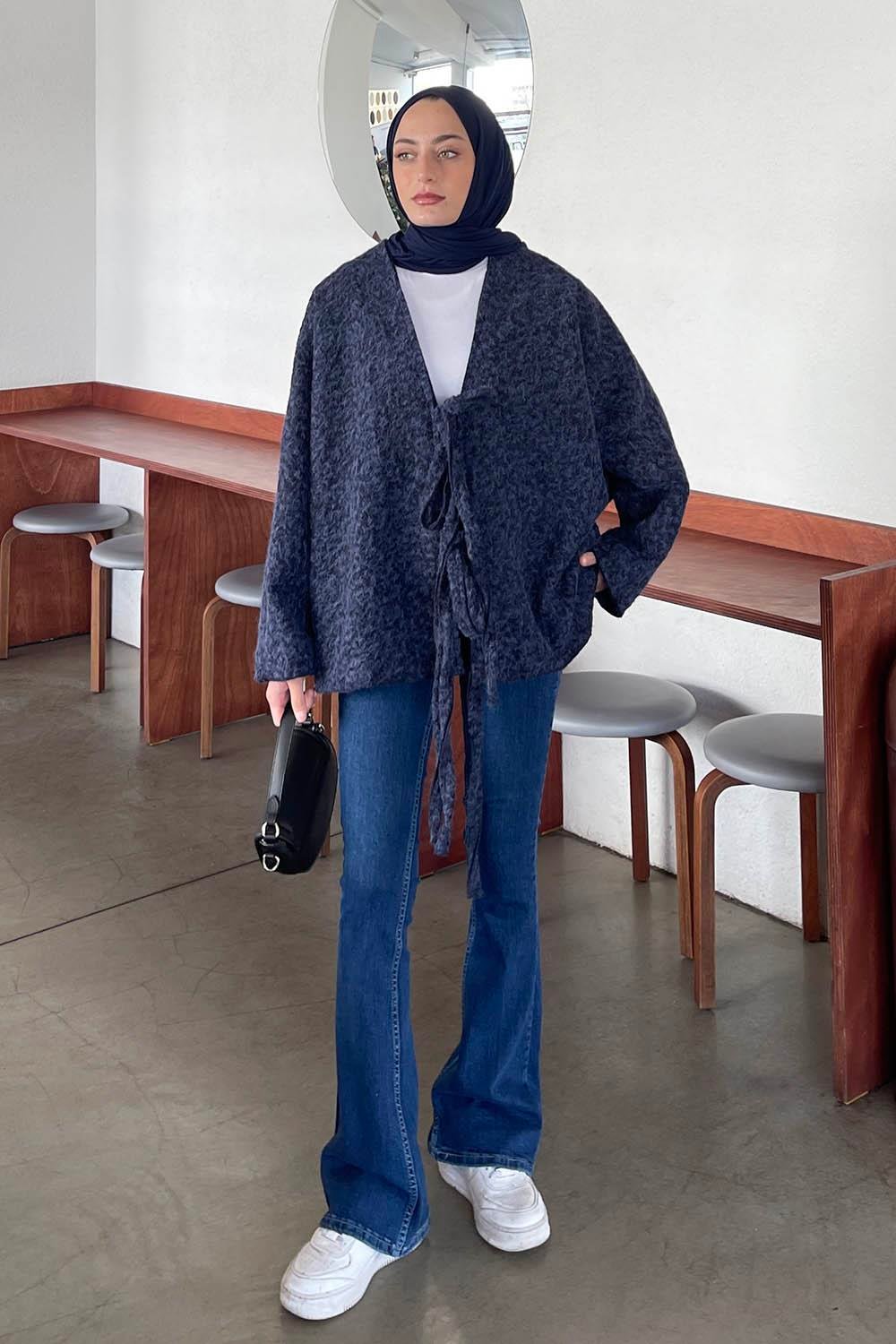 Bağlamalı Kaşe Kimono Lacivert
