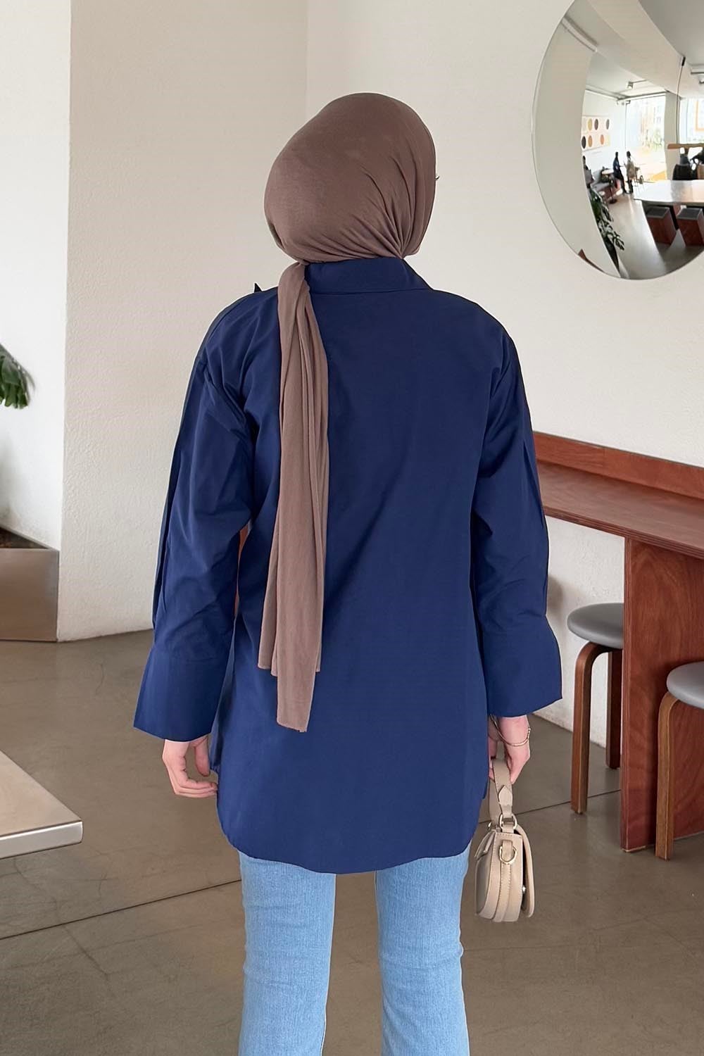 Bağlama Detaylı Tesettür Gömlek Lacivert