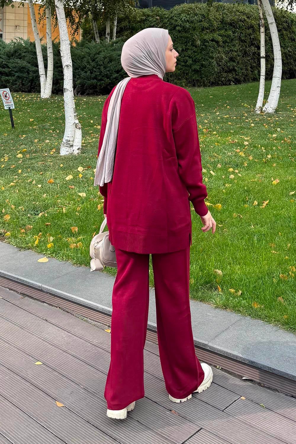 Çiçek Detaylı Triko Takım Bordo