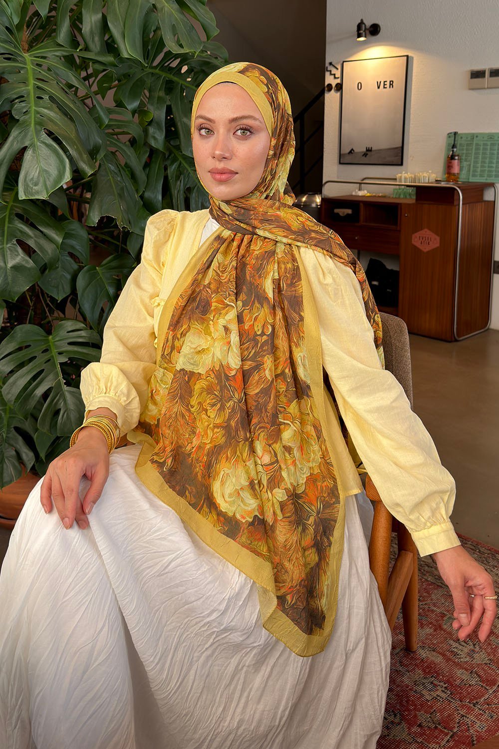 Vintage Flower Desen Bambu Şal Yağ Yeşili