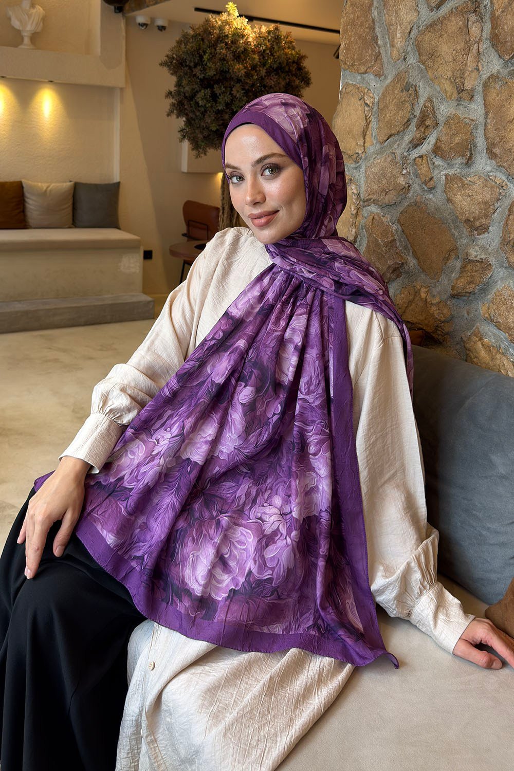 Vintage Flower Desen Bambu Şal Mor