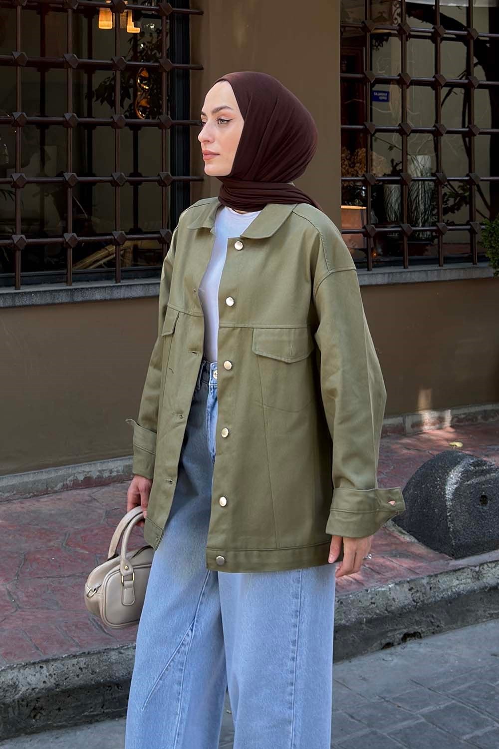 Gabardin Kapak Cepli Ceket Haki