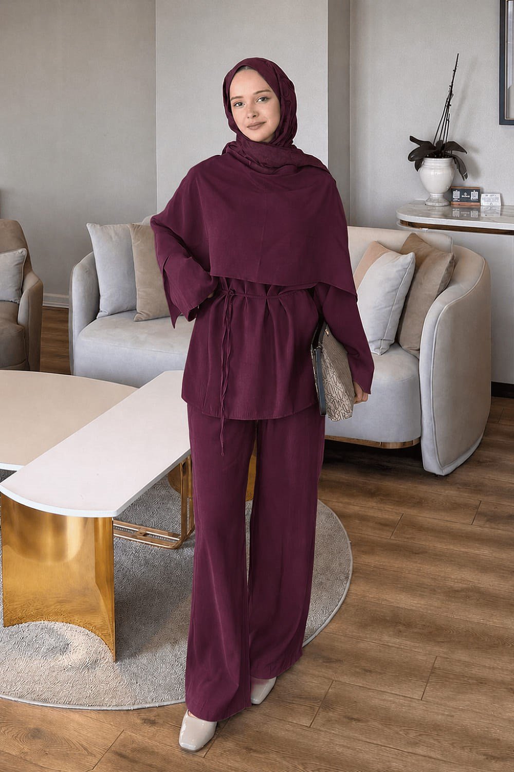 Şallı Pantolon Takım Bordo
