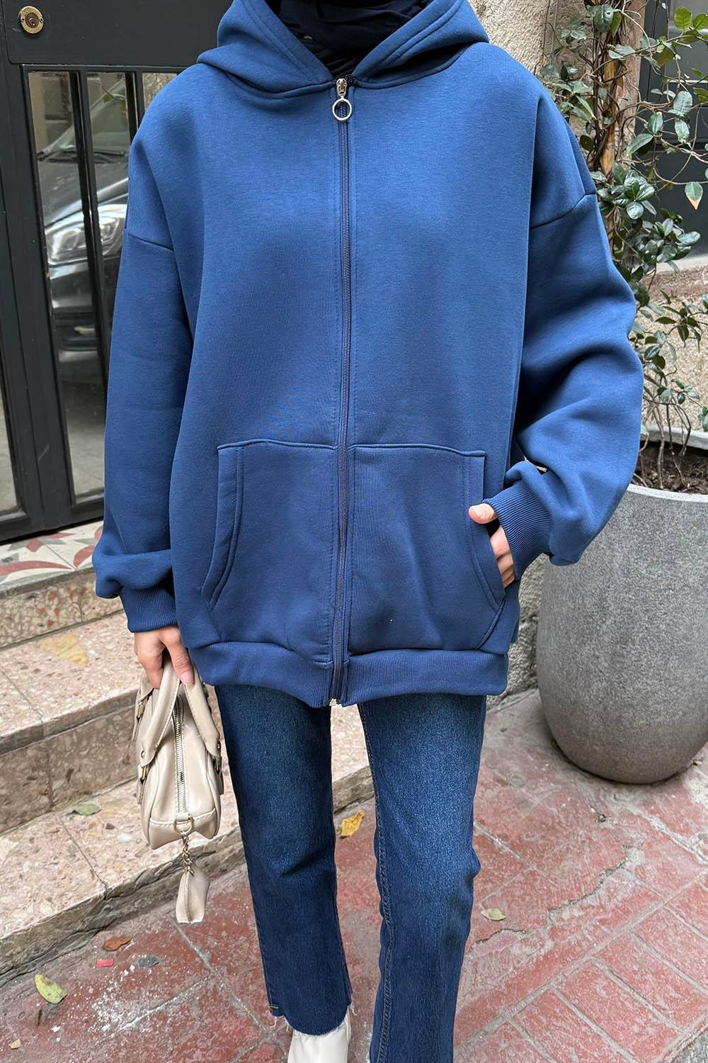 Kapüşonlu Oversize Yan Cepli Sweat İndigo