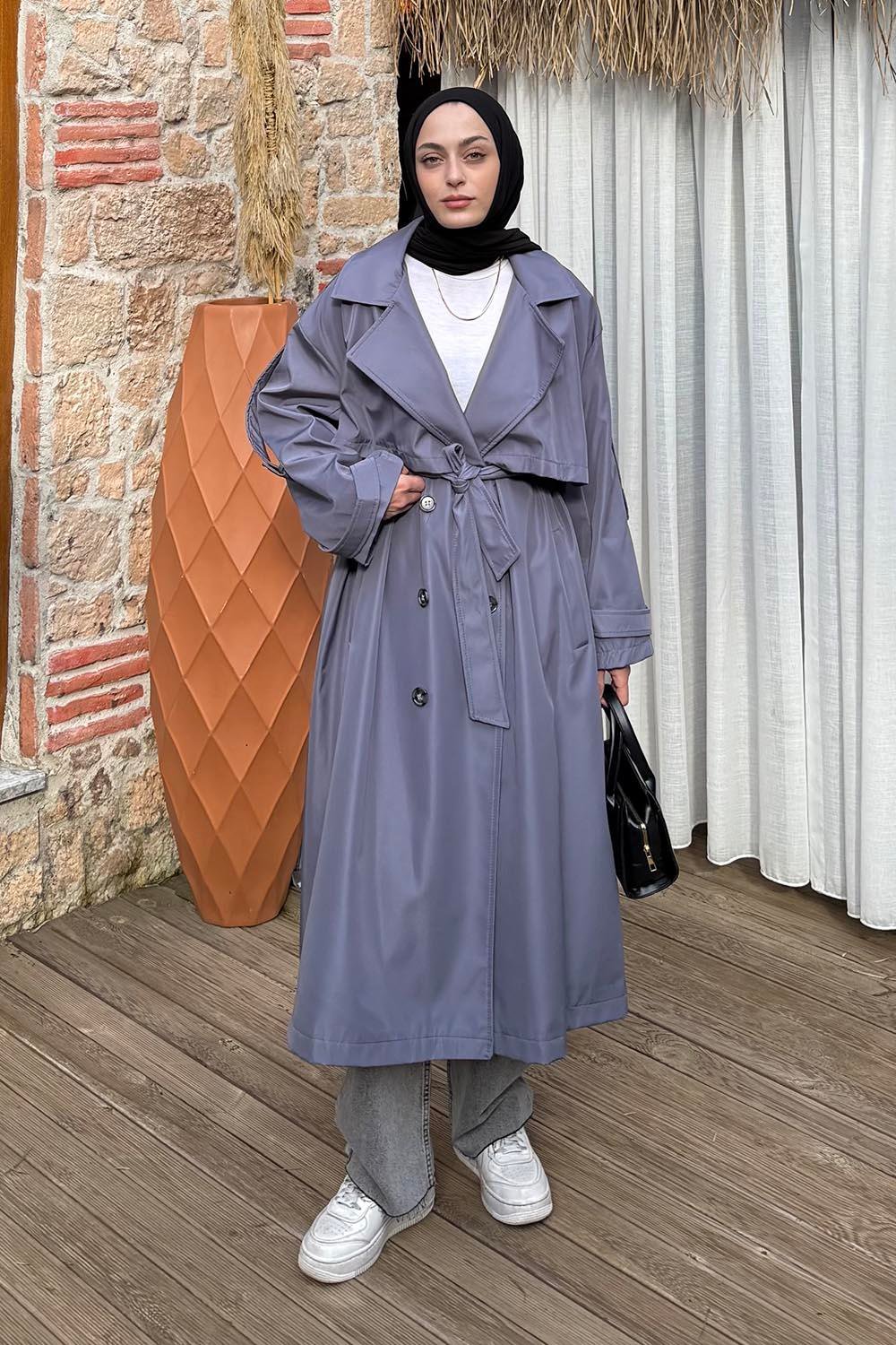 Uzun Apoletli Oversize Trenç Antrasit