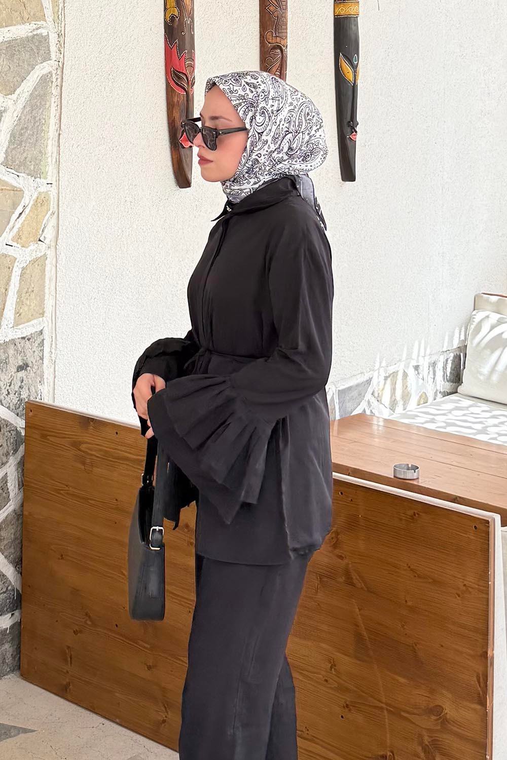 Piliseli Uzun Gömlek Siyah