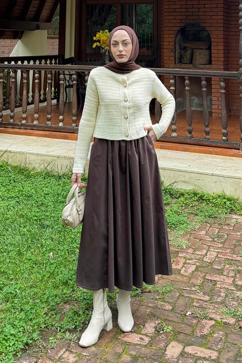 Links Desenli Crop Hırka Natural