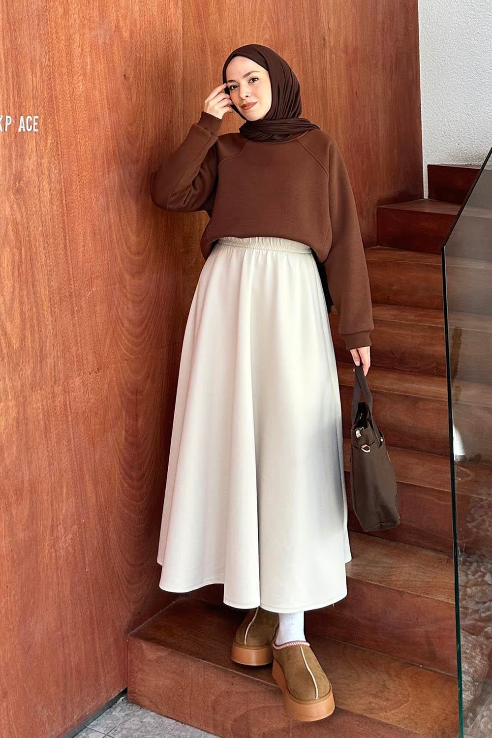Düşük Omuz Üç İplik Sweatshirt Acı Kahverengi