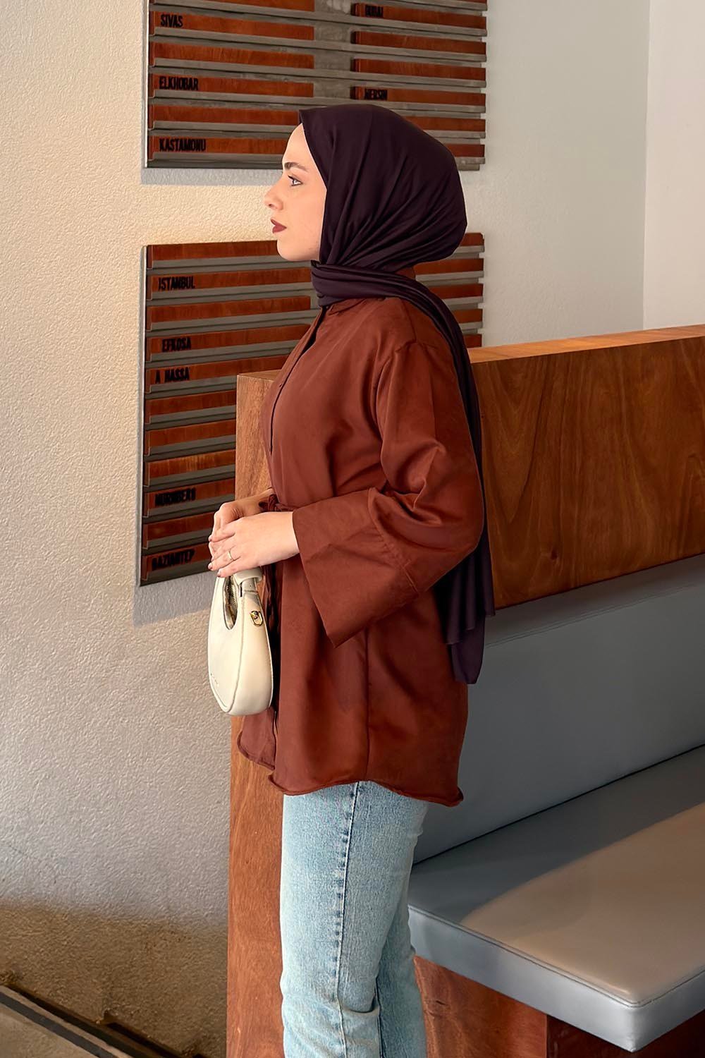 Bağlama Detaylı Süet Gömlek Kiremit