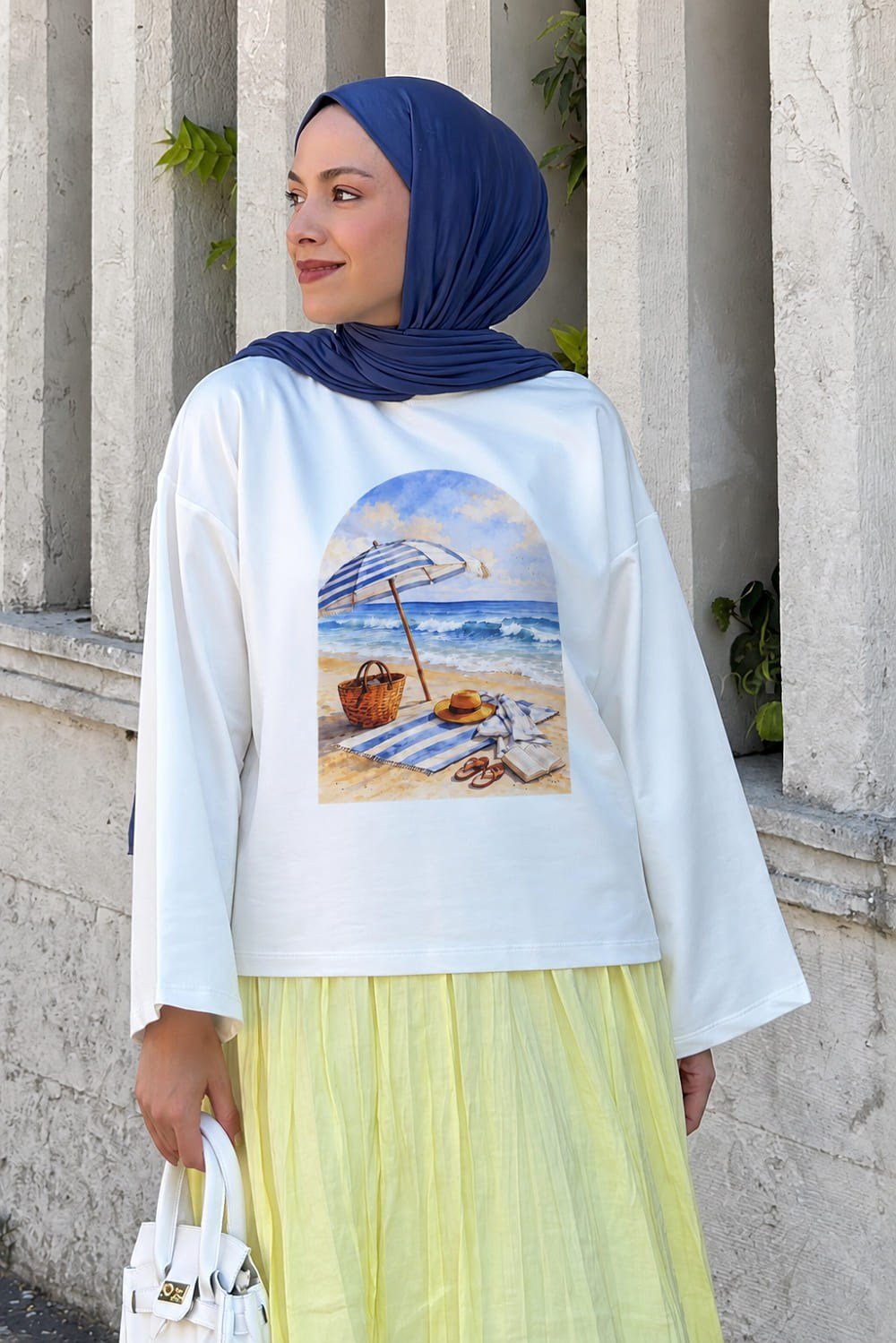 Basic Oversize Plaj  Baskılı Bluz Beyaz