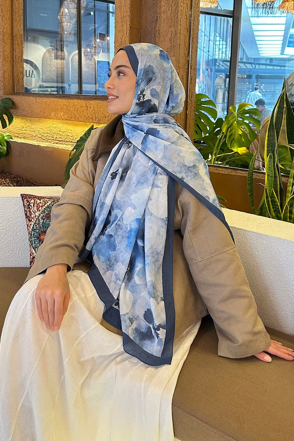 Batik Çiçek Desen Bambu Şal İndigo