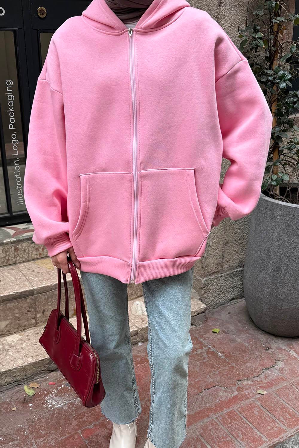 Kapüşonlu Oversize Yan Cepli Sweat Şeker Pembesi