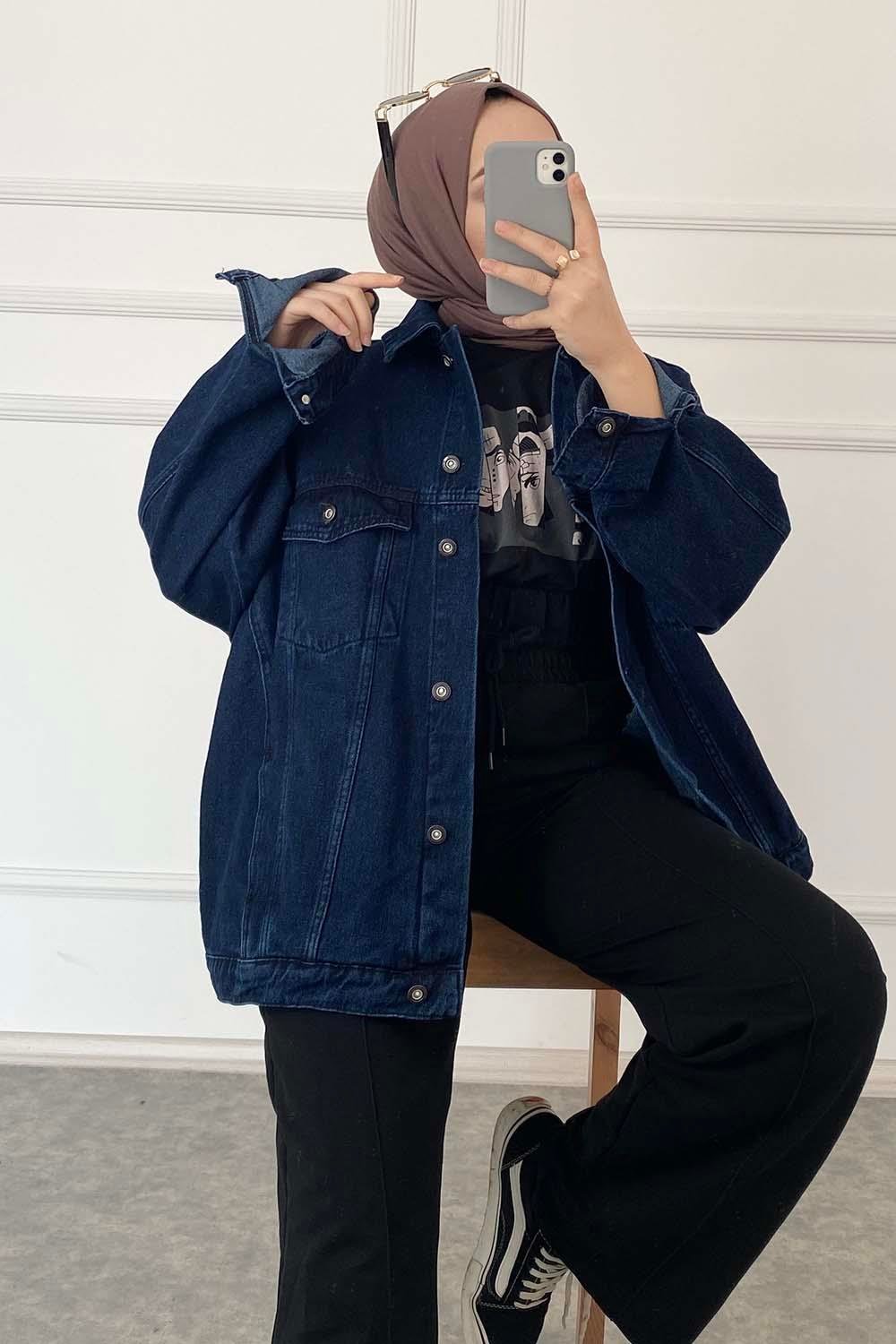 Çift Cepli Oversize Ceket Koyu Mavi
