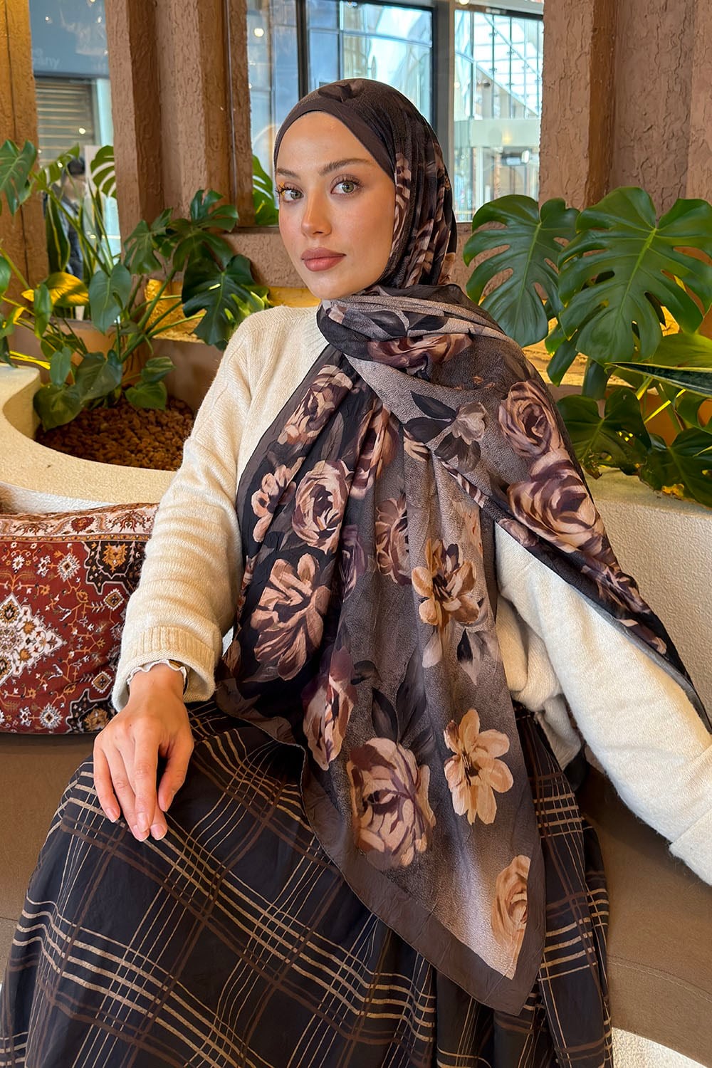 Çiçek Desen Bambu Şal Soft Kahve
