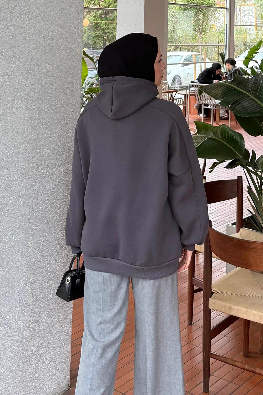 Kapüşonlu Oversize Yan Cepli Sweat Antrasit