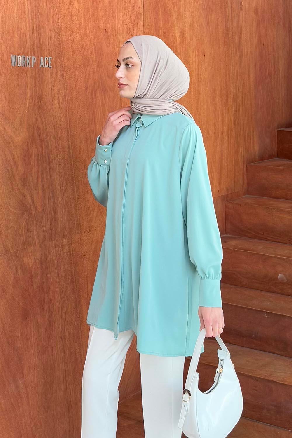 Gizli Düğme Detaylı Tesettür Tunik Mint Yeşili