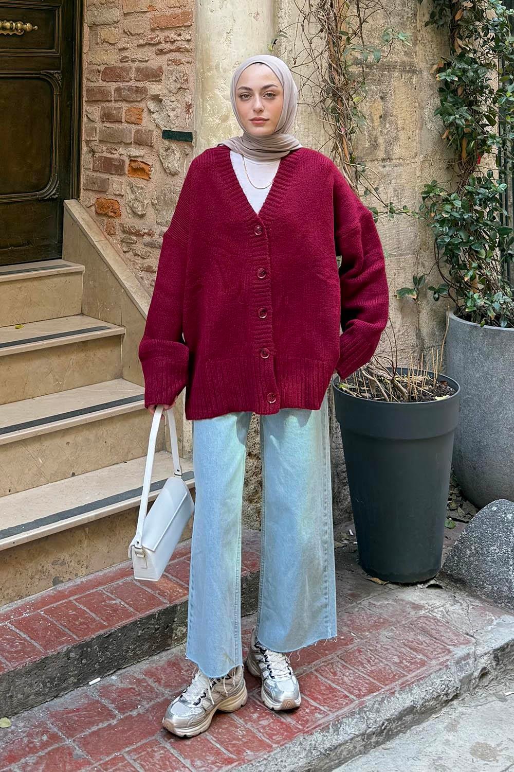 Salaş Dokulu Basic Hırka Bordo