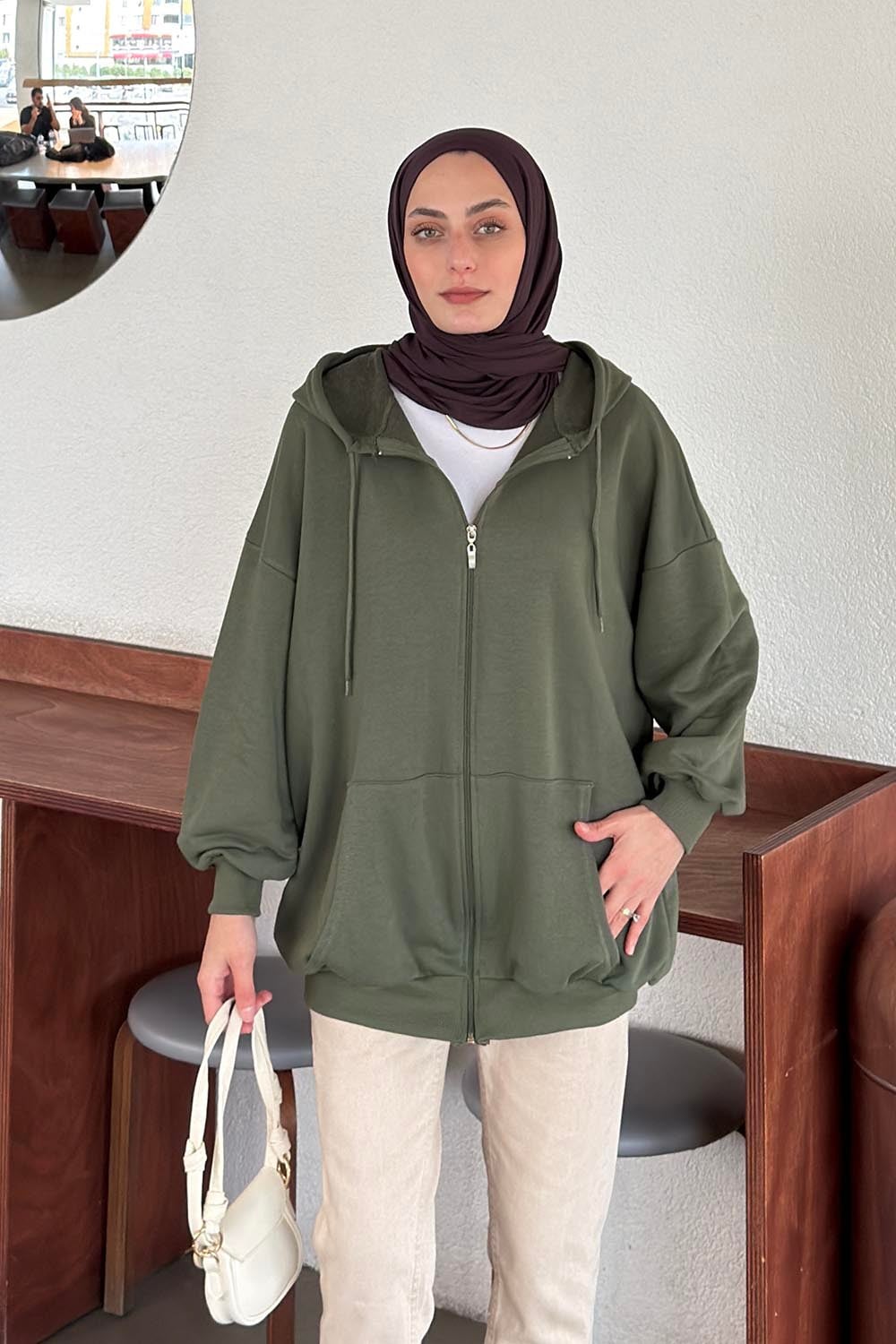 Kapüşonlu Fermuarlı Sweatshirt Hırka Haki