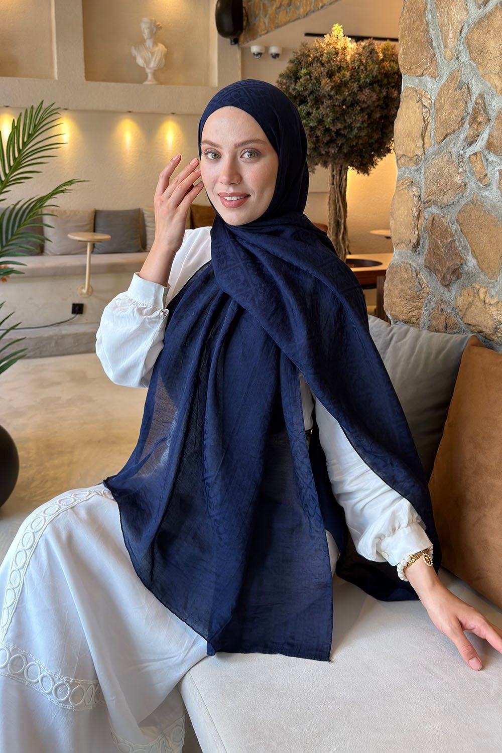 Diamond Desen Aura Pamuk  Jakar  Şal Lacivert
