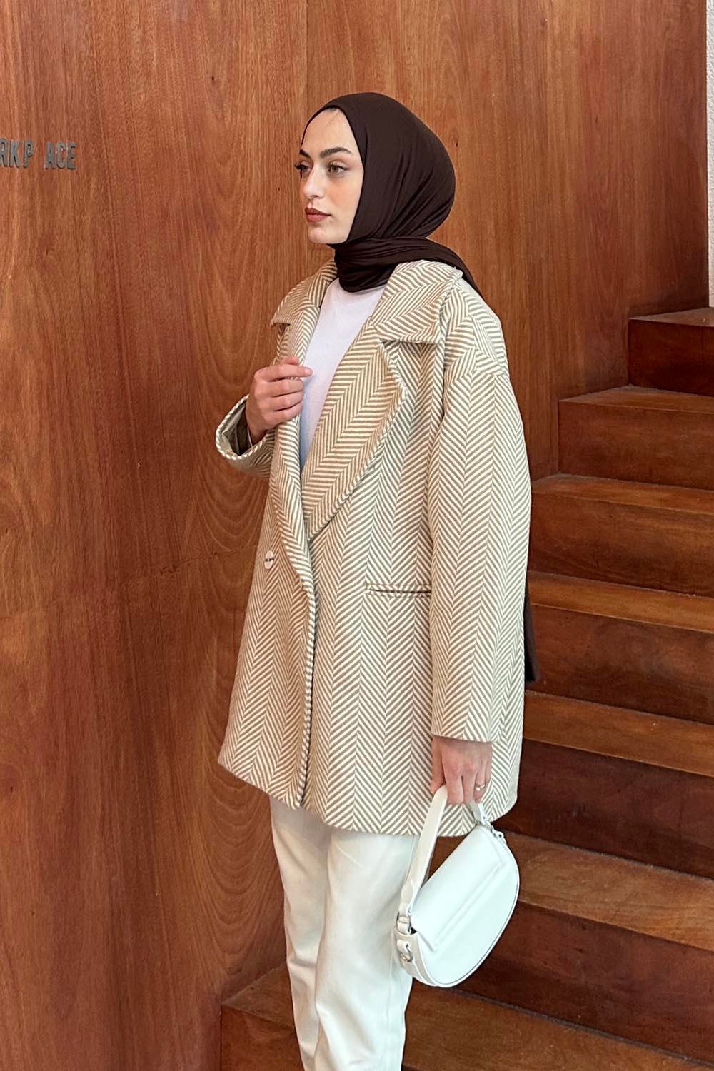 Zikzak Desen Balık Sırtı Kaban Camel