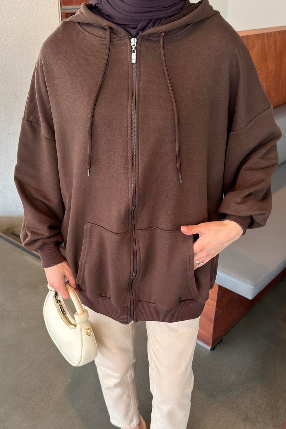 Kapüşonlu Fermuarlı Sweatshirt Hırka Kahverengi