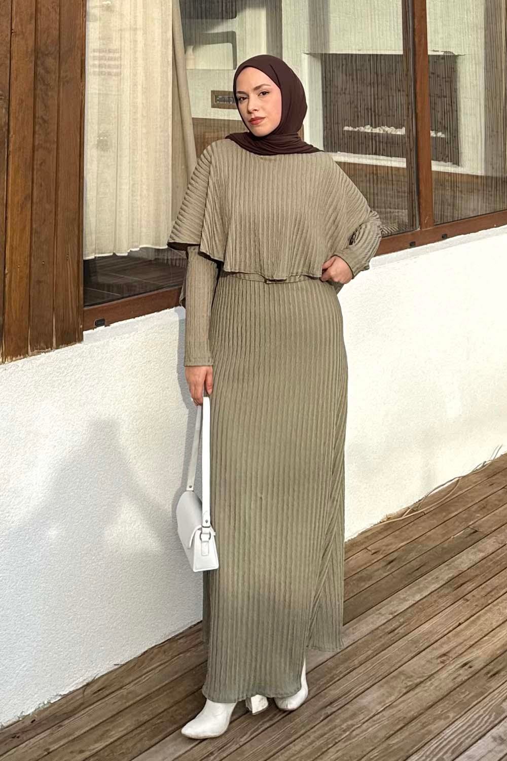 Balıksırtı Kemerli Elbise Haki